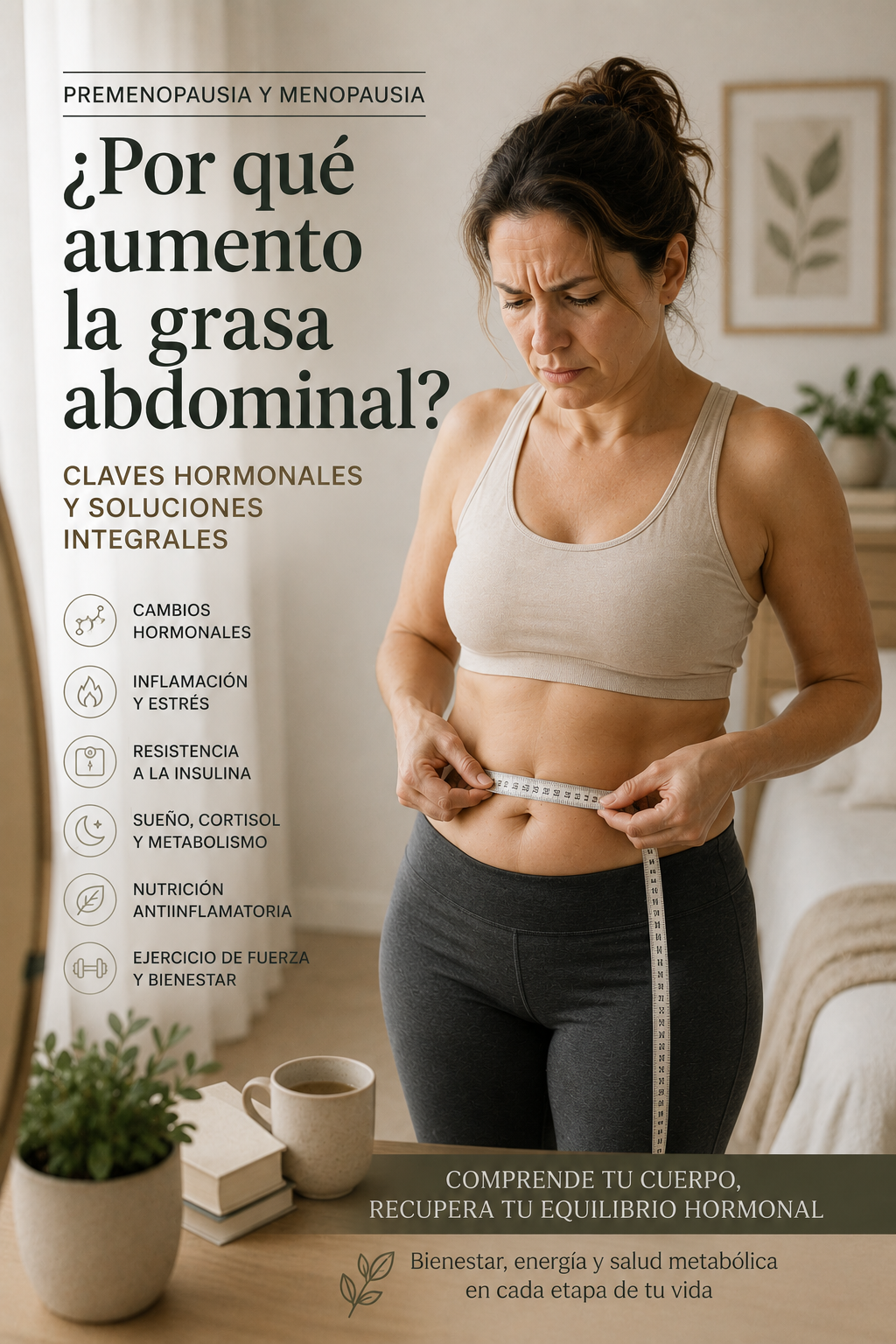 Mujer de 40 años midiéndose la cintura preocupada por la grasa abdominal durante la premenopausia y la menopausia debido a cambios hormonales femeninos.