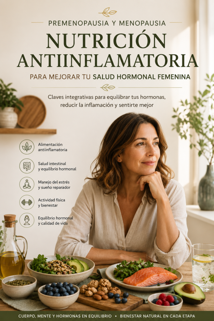 Mujer de 40 años con alimentación antiinflamatoria y hábitos saludables para mejorar la salud hormonal femenina durante la premenopausia y la menopausia.