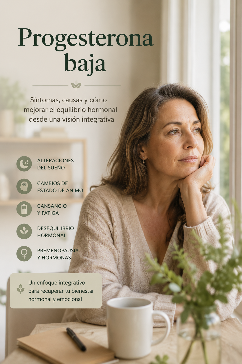 Mujer con síntomas asociados a progesterona baja y desequilibrio hormonal femenino durante la premenopausia, desde una visión integrativa de la salud hormonal.