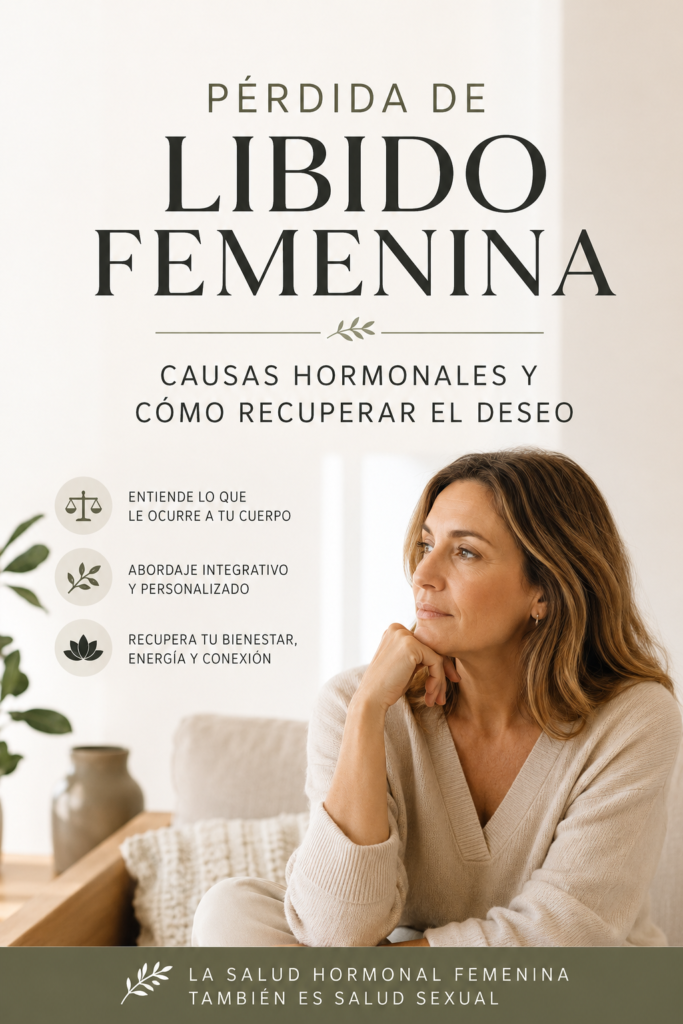 Mujer de unos 45 años reflexionando sobre la pérdida de libido durante la premenopausia y la menopausia, representando la relación entre la salud hormonal femenina y el bienestar sexual desde un enfoque integrativo.