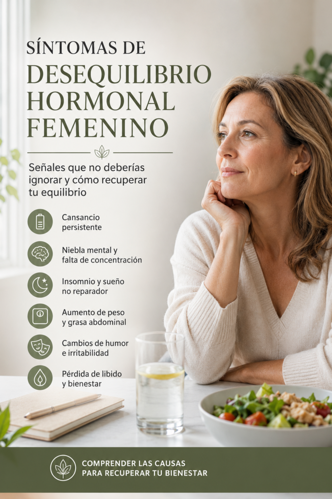 Mujer con síntomas de desequilibrio hormonal femenino como fatiga, niebla mental e insomnio buscando recuperar su salud hormonal y bienestar.