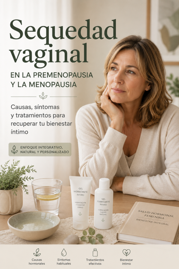 Mujer durante la premenopausia y la menopausia representando la sequedad vaginal y los cambios hormonales femeninos, con enfoque en sus causas, síntomas y tratamiento.