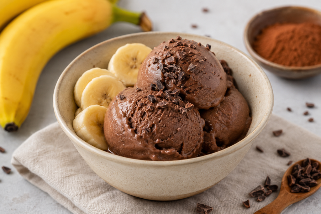 Helado casero de plátano y cacao elaborado con plátano congelado, cacao puro y yogur natural, servido en un cuenco con rodajas de plátano y chocolate negro.