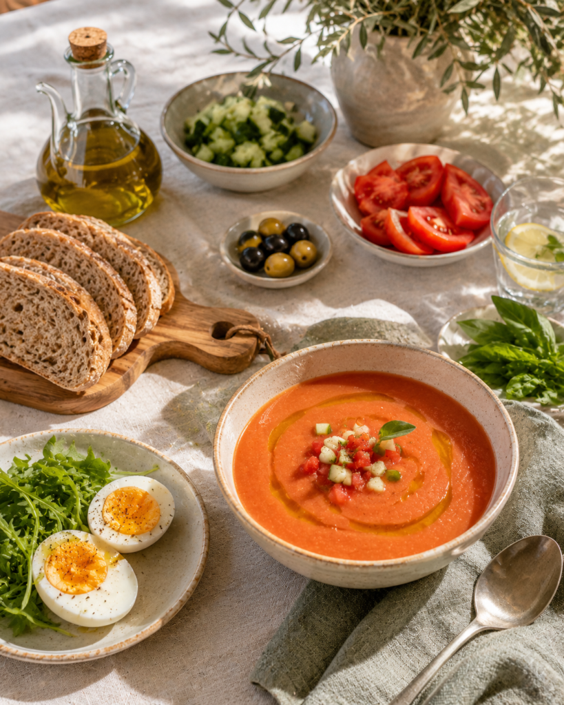 Mesa con gazpacho casero acompañado de huevo cocido, verduras frescas y aceite de oliva virgen extra.