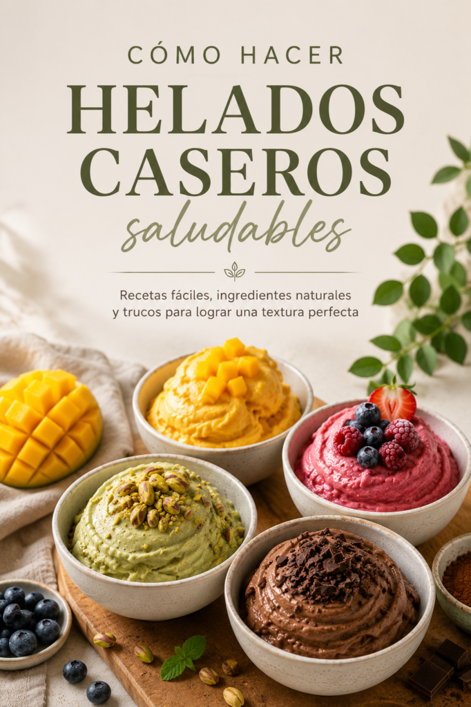 Helados caseros saludables de mango, frutos rojos, pistacho y cacao elaborados con ingredientes naturales sobre una mesa de madera.