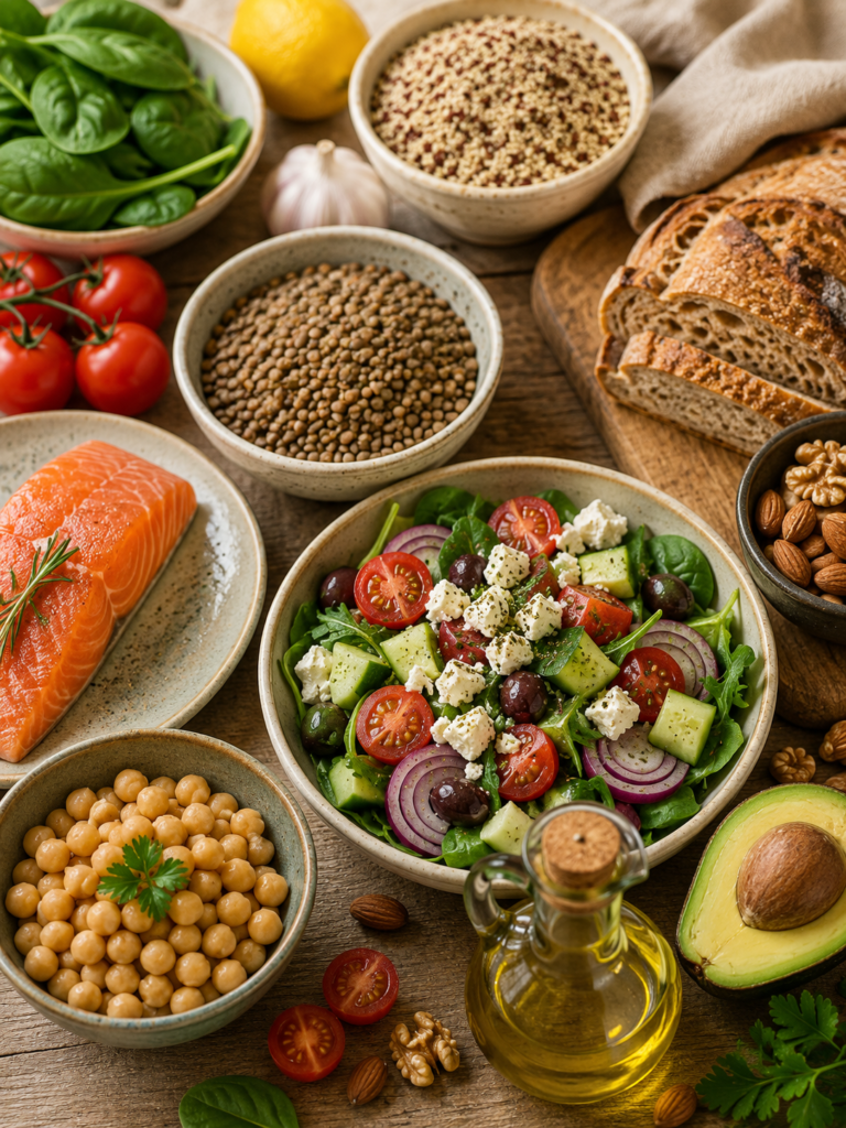 Selección de alimentos de la dieta mediterránea como verduras, legumbres, pescado azul, aceite de oliva virgen extra, frutos secos y aguacate relacionados con una alimentación saludable para favorecer la salud hormonal femenina.
