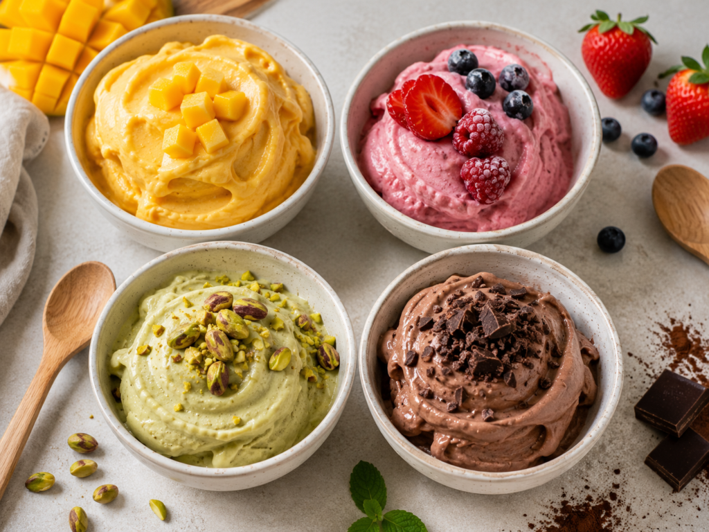 Cuatro recetas de helados caseros saludables elaboradas con fruta y yogur.