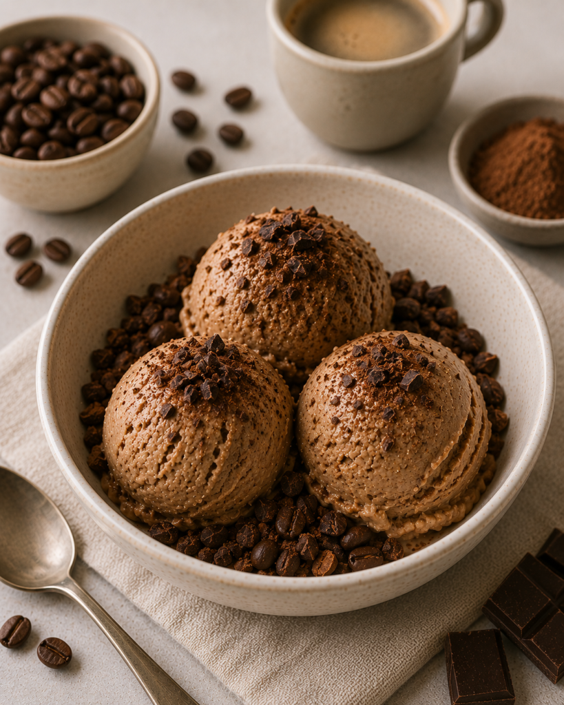 Helado casero de café y cacao elaborado con café, cacao puro, yogur griego y plátano congelado, decorado con virutas de chocolate negro y granos de café.