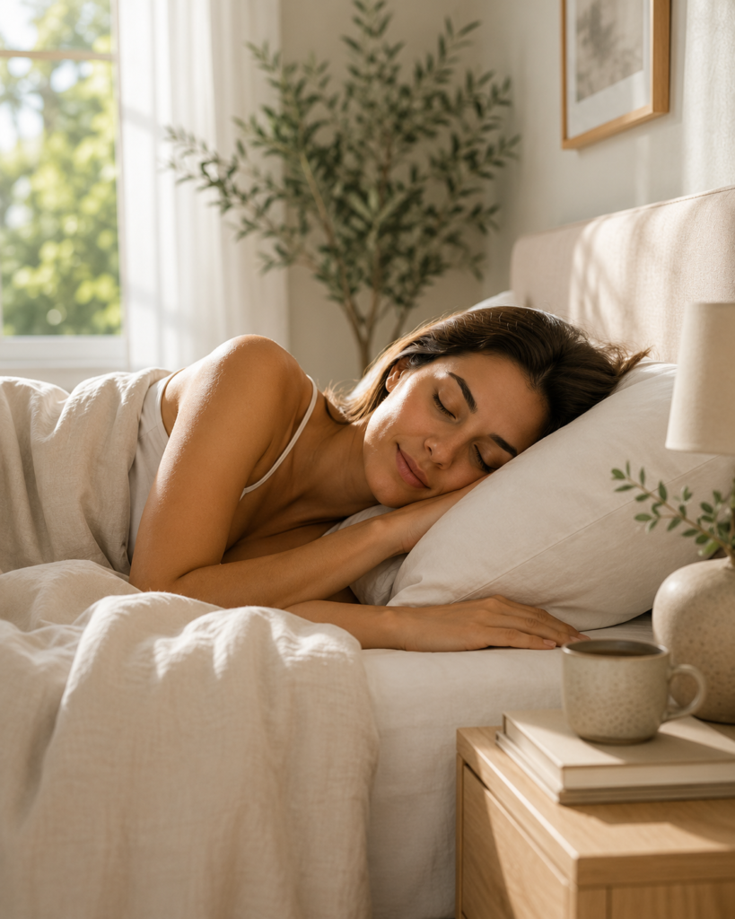 Mujer descansando plácidamente en un dormitorio luminoso y acogedor, representando la importancia del sueño reparador para favorecer la salud hormonal femenina.