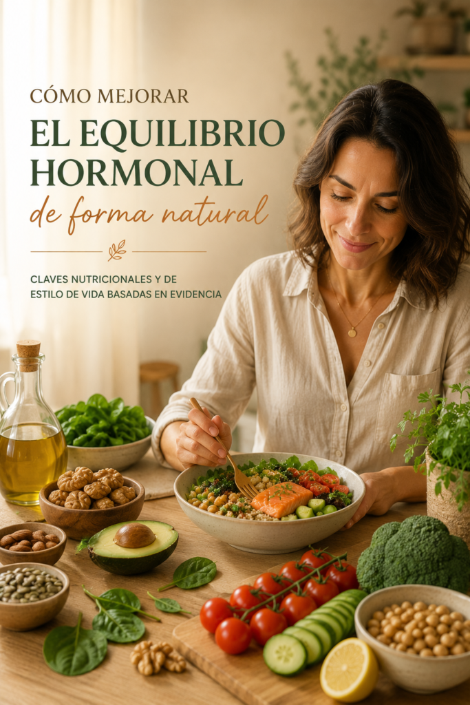 Mujer disfrutando de una comida saludable con alimentos de la dieta mediterránea para favorecer el equilibrio hormonal femenino de forma natural.