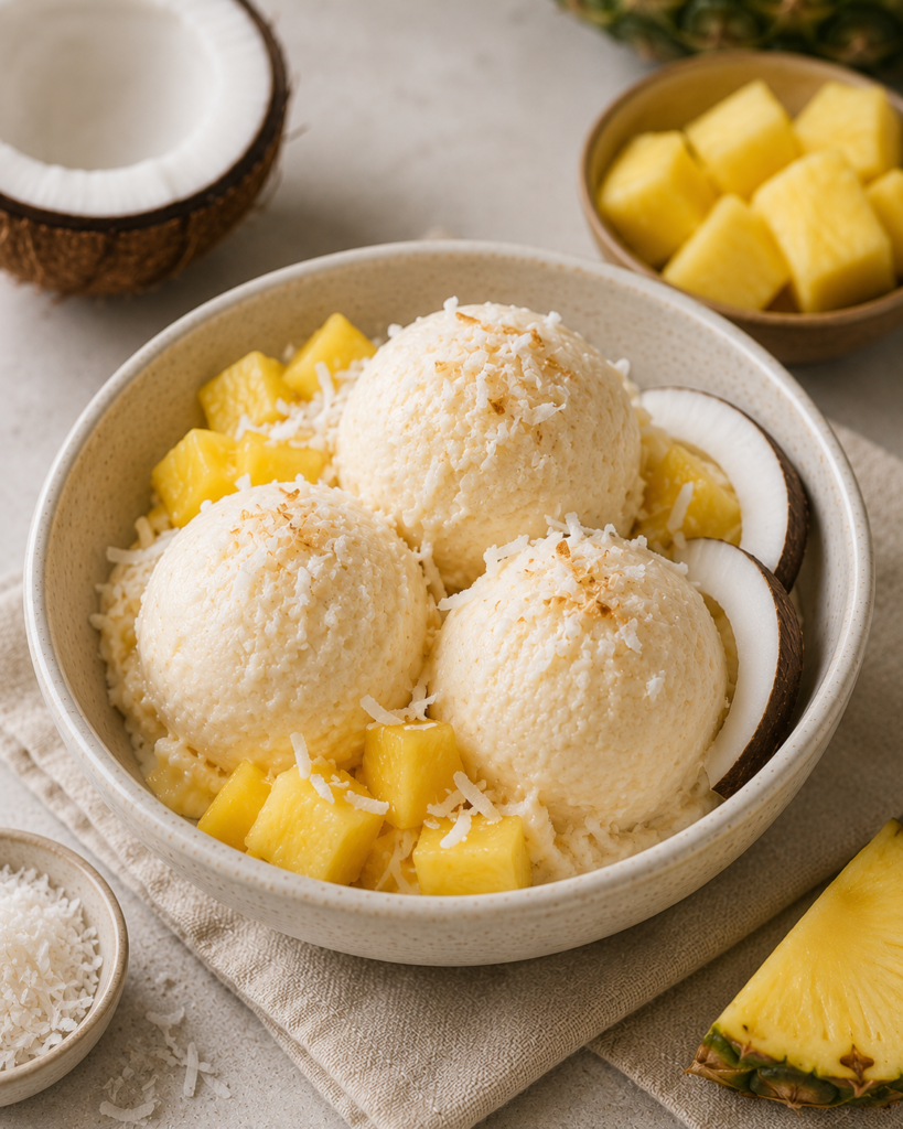 Helado tropical de coco y piña elaborado con piña congelada, leche de coco y coco rallado, servido en un cuenco con trozos de piña fresca.