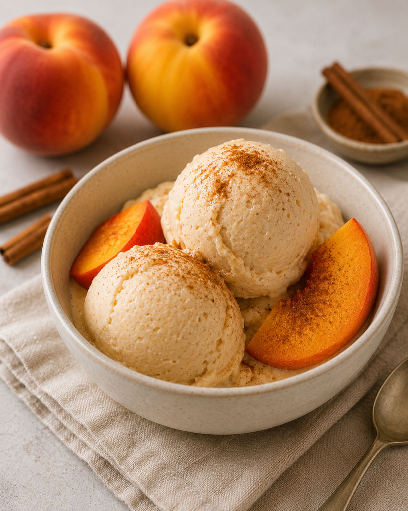 Helado casero de melocotón y canela elaborado con melocotón maduro, yogur natural y canela, servido en un cuenco con gajos de melocotón fresco.