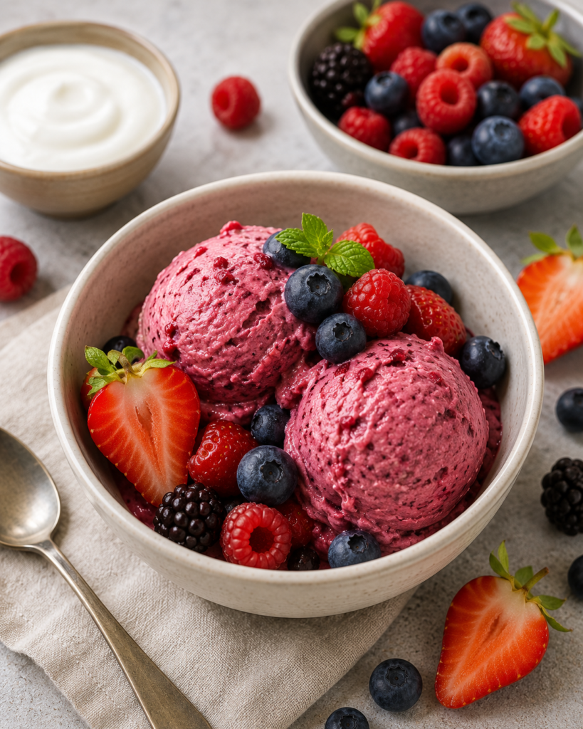 Helado casero de frutos rojos elaborado con fresas, frambuesas, arándanos, yogur natural y fruta fresca como decoración.