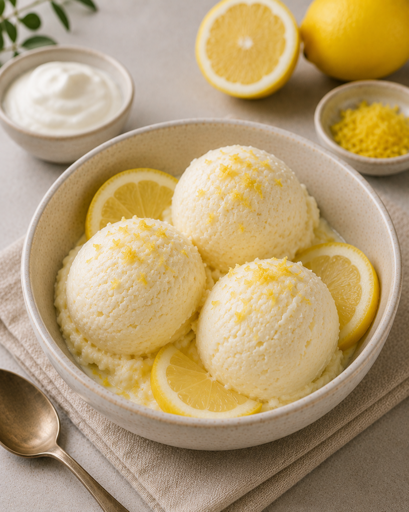 Helado cremoso de limón elaborado con yogur griego, limón fresco y plátano congelado, servido en un cuenco con rodajas y ralladura de limón.