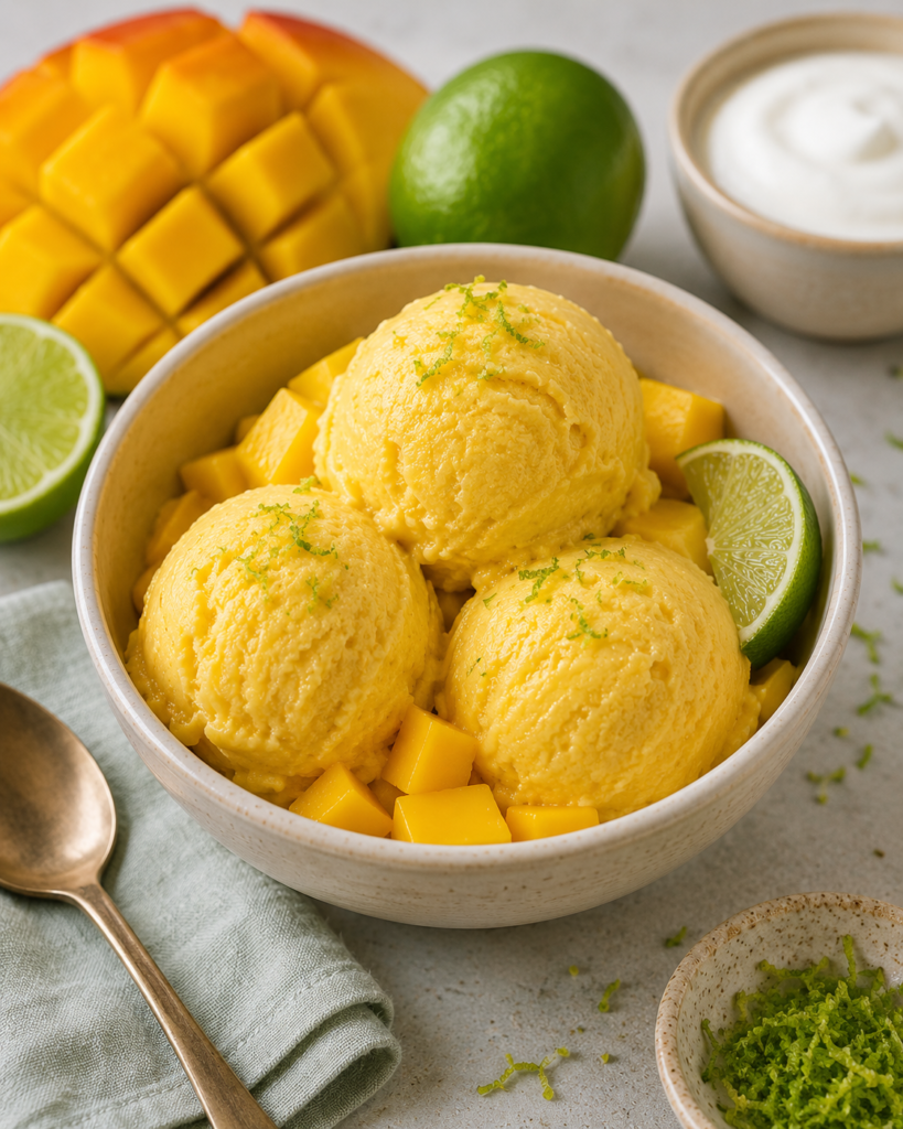 Helado casero de mango y lima elaborado con mango congelado, yogur natural y lima fresca, servido en un cuenco con dados de mango y ralladura de lima.