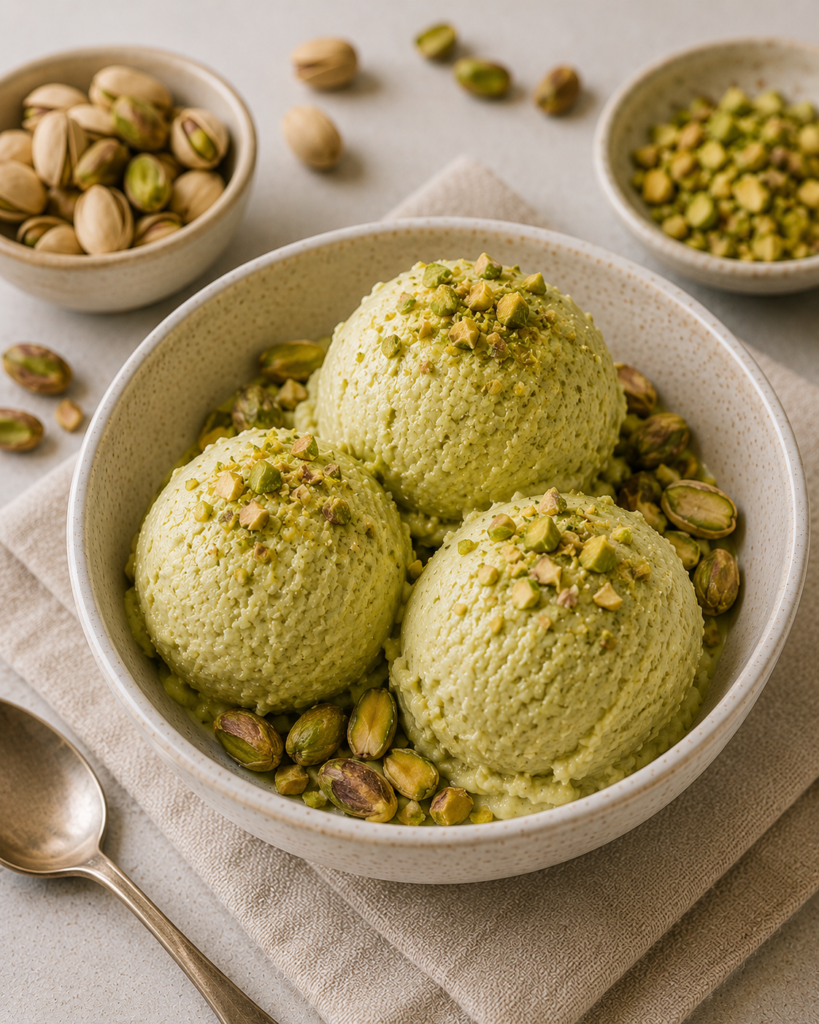 Helado casero de pistacho elaborado con pistachos naturales, yogur griego y plátano congelado, servido en un cuenco con pistachos troceados.