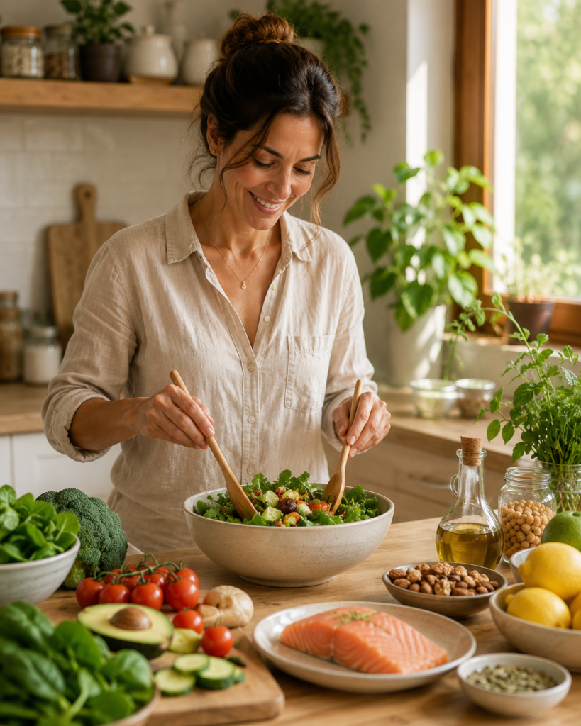 Mujer preparando una comida saludable con verduras, pescado azul, aceite de oliva virgen extra, legumbres y alimentos de la dieta mediterránea para favorecer la salud hormonal femenina.