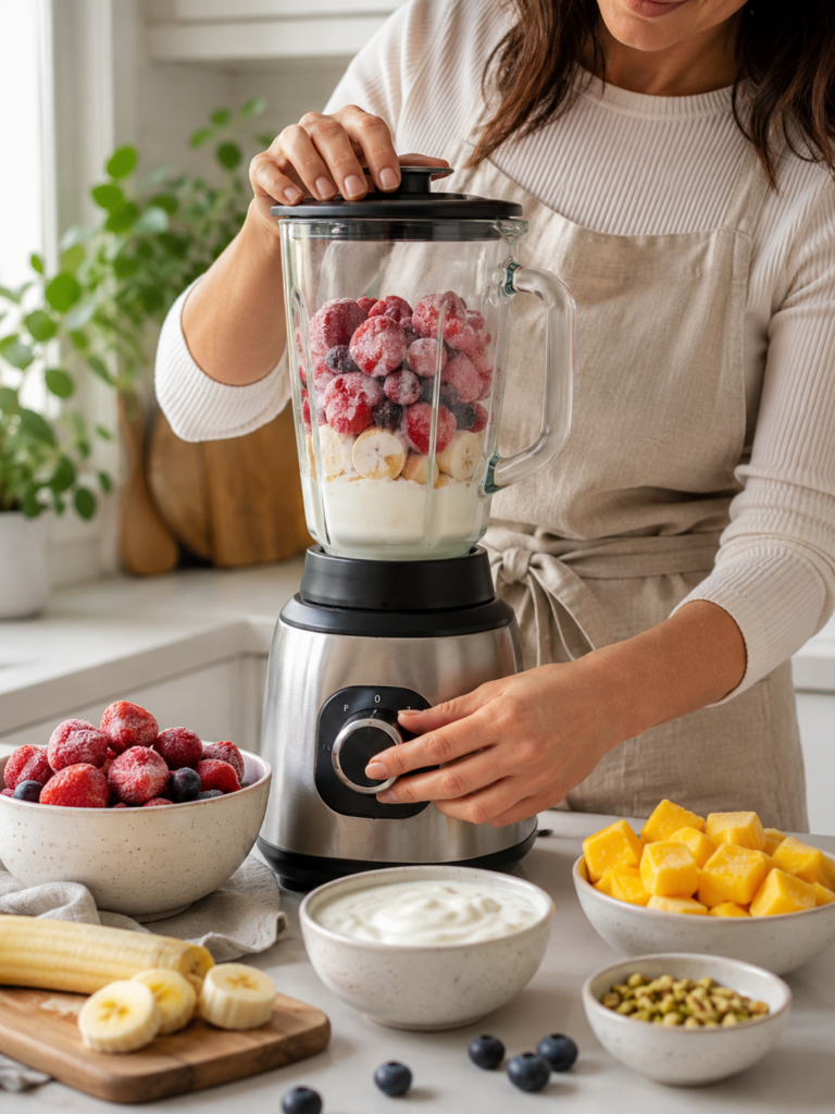 Persona preparando un helado casero saludable con fruta congelada y yogur utilizando una batidora.