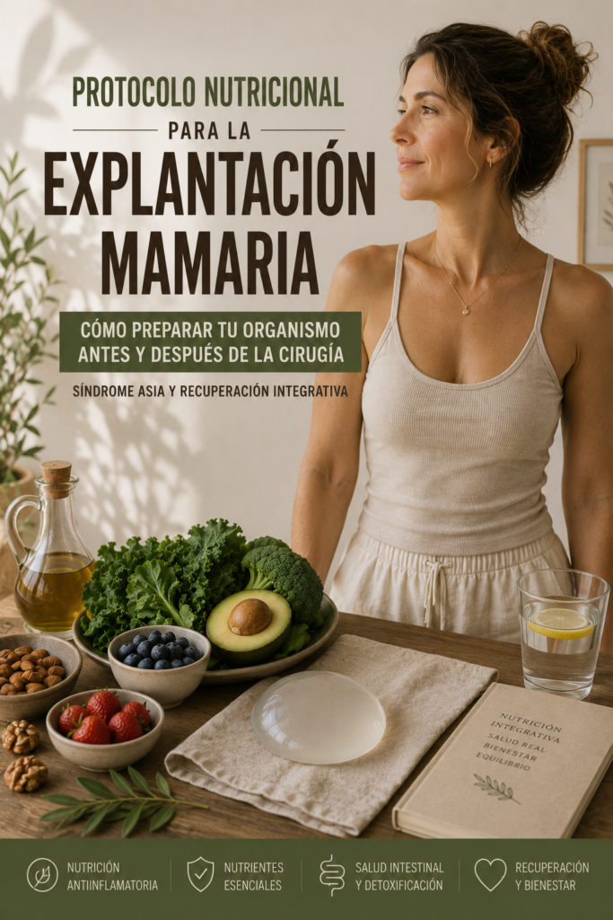 Mujer de 40 años tras una explantación mamaria junto a una prótesis mamaria retirada y alimentos saludables que representan un protocolo nutricional para favorecer la recuperación.
