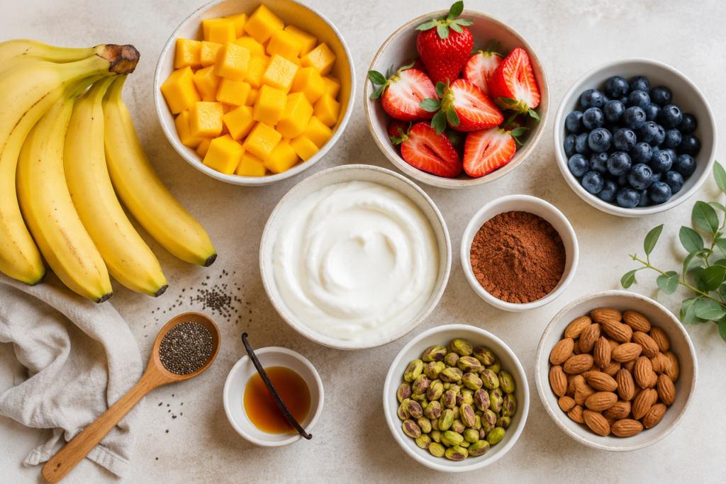 Ingredientes naturales como fruta, yogur, cacao y frutos secos para preparar helados caseros saludables.