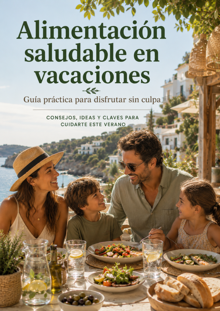 Familia disfrutando de una comida saludable en un restaurante junto al mar durante las vacaciones de verano, con platos mediterráneos y un ambiente relajado.