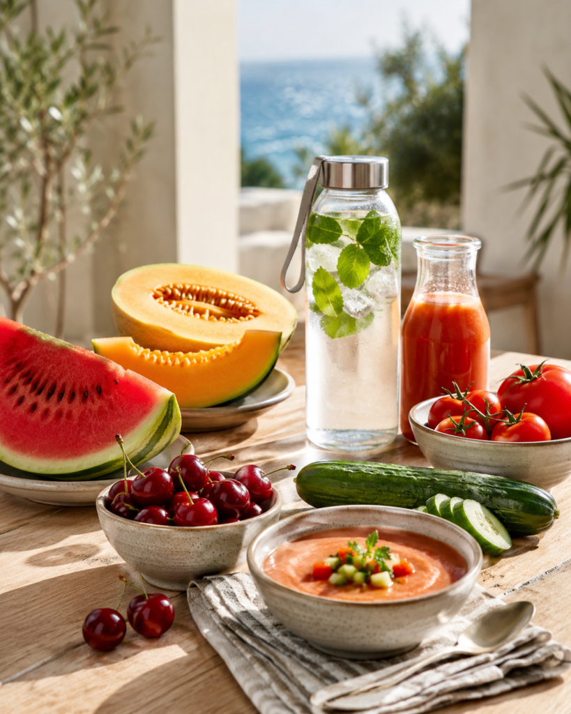 Frutas, verduras y gazpacho sobre una mesa de verano para favorecer la hidratación.