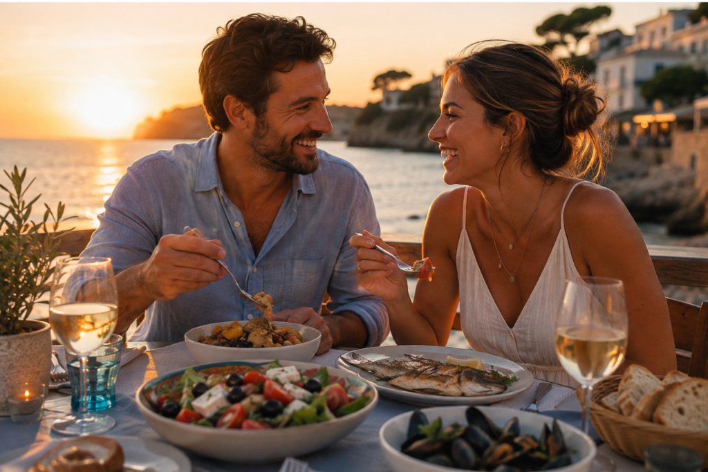 Pareja disfrutando de una cena mediterránea saludable frente al mar durante las vacaciones, con pescado, ensalada y verduras en una terraza al atardecer.