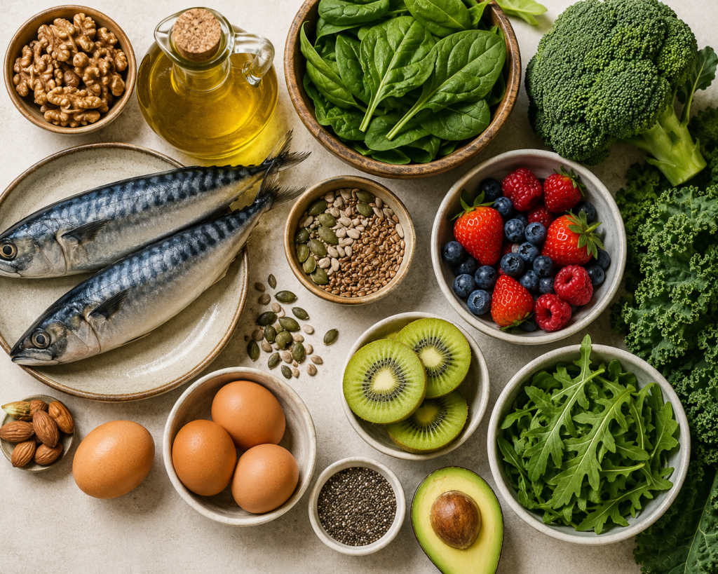 Pescado azul, huevos, kiwi, frutos rojos, aceite de oliva, semillas, nueces y verduras verdes, alimentos recomendados para favorecer la recuperación tras una explantación mamaria.