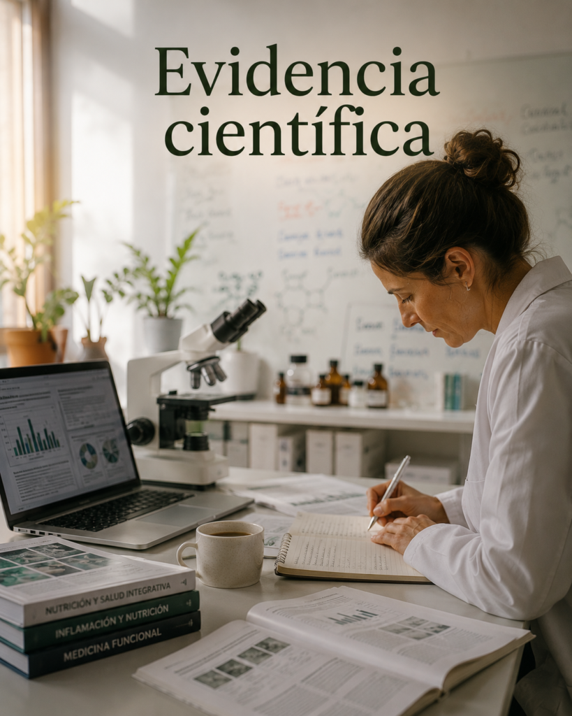 Investigadora analizando estudios científicos sobre nutrición y explantación mamaria en un laboratorio para desarrollar recomendaciones basadas en la evidencia.