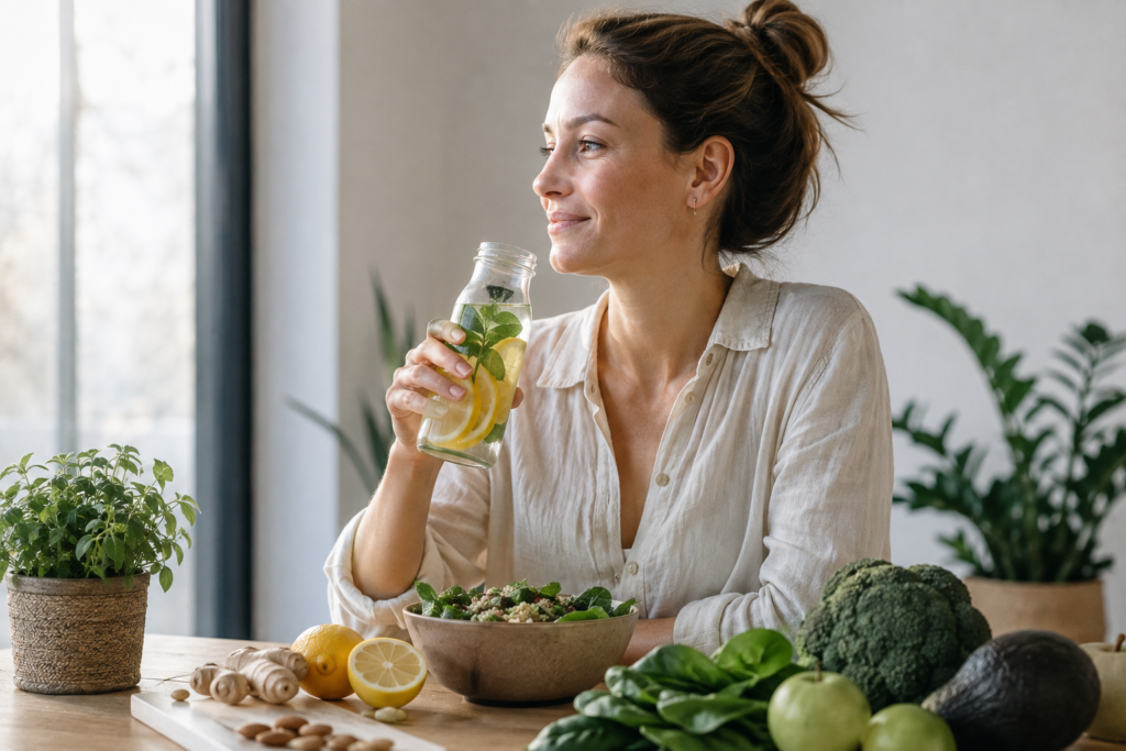 Mujer con alimentos saludables e hidratación adecuada para favorecer la recuperación tras una explantación mamaria mediante una alimentación equilibrada.
