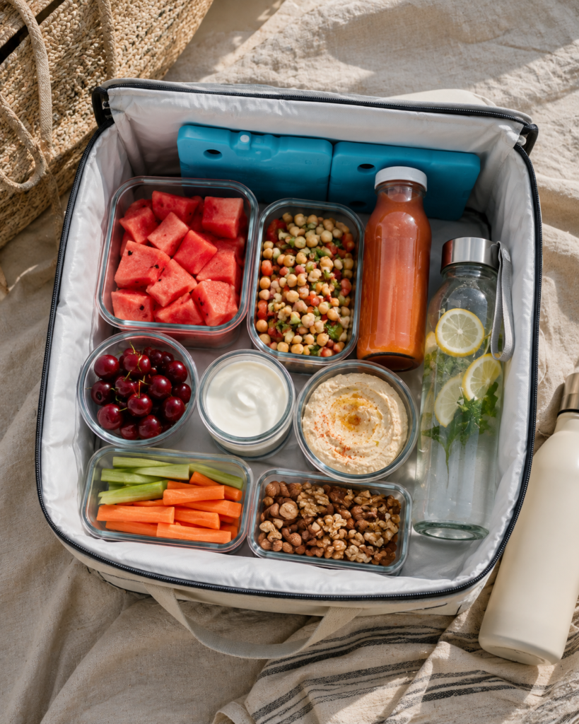 Nevera portátil organizada con alimentos saludables para disfrutar de un día de playa o piscina.