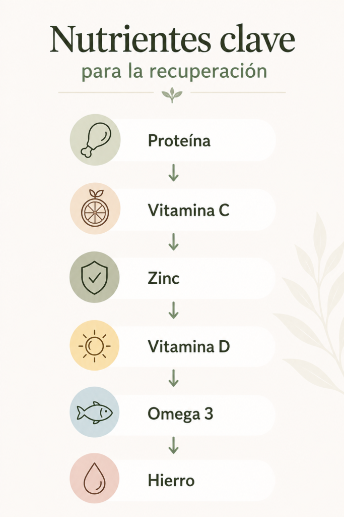 Infografía con los nutrientes clave para la recuperación tras una explantación mamaria: proteínas, vitamina C, zinc, vitamina D, omega-3 y hierro.