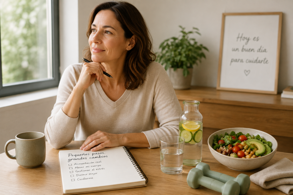 Mujer adoptando hábitos saludables para cuidar el colesterol durante la menopausia