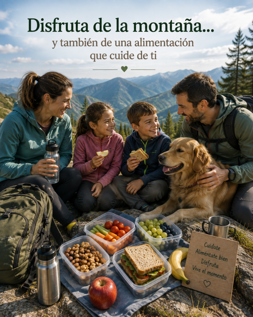 Familia con un perro disfrutando de un picnic saludable durante una excursión en la montaña con fruta, verduras, bocadillos integrales y agua.