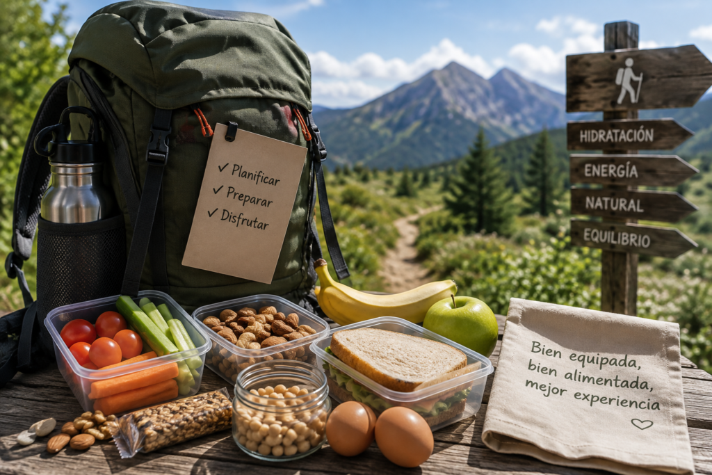 Mochila saludable para una excursión con fruta, frutos secos, bocadillo integral, verduras, huevos y agua preparada para una ruta de senderismo.