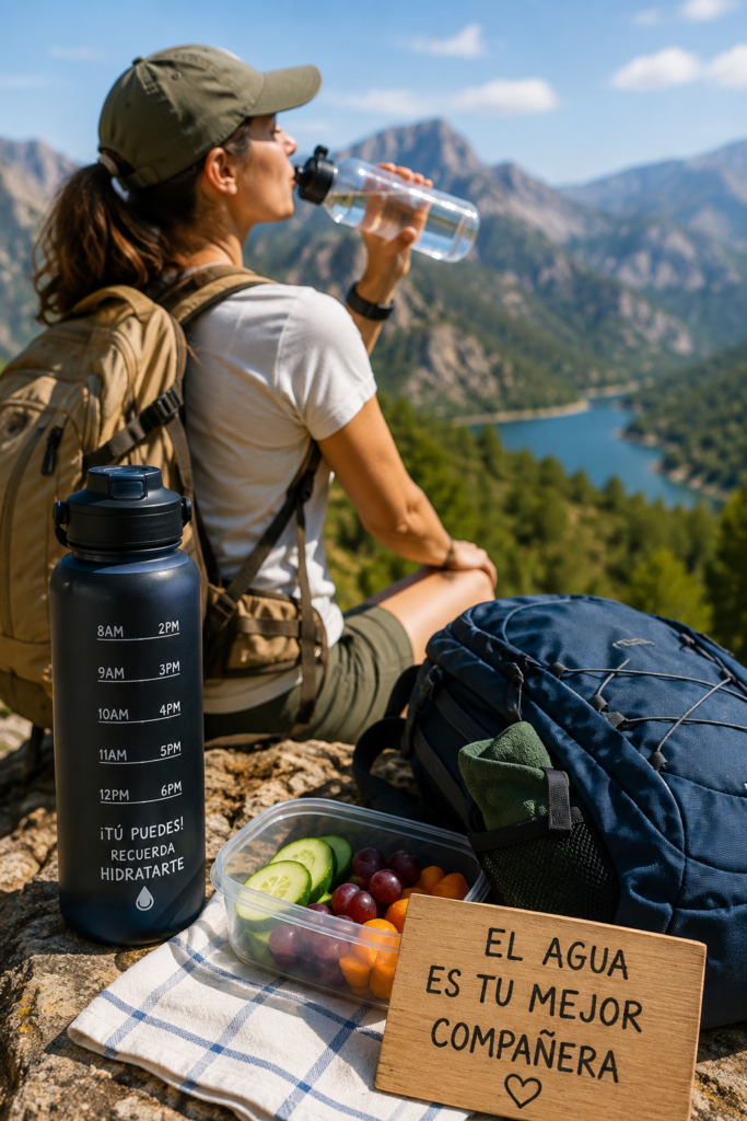 Senderista bebiendo agua durante una excursión con mochila, botella reutilizable y alimentos saludables para mantener una buena hidratación en una ruta de senderismo.